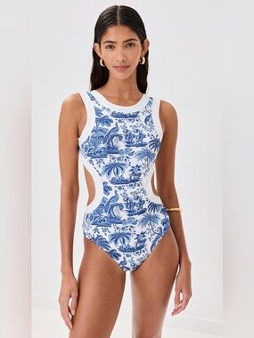 STAUD Dolce One Piece swimsuit in Blue Toile NWOT